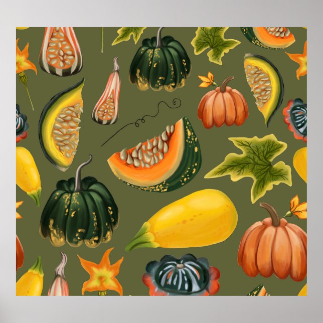 Pumpkins und Blätter: Grünpflanzen im Herbst Poster (Vorne)