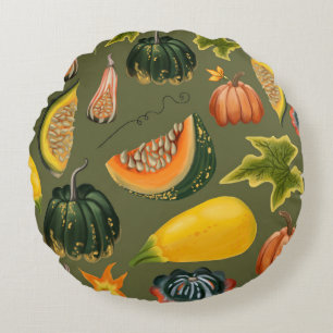 Pumpkins und Blätter: Grünpflanzen im Herbst Rundes Kissen