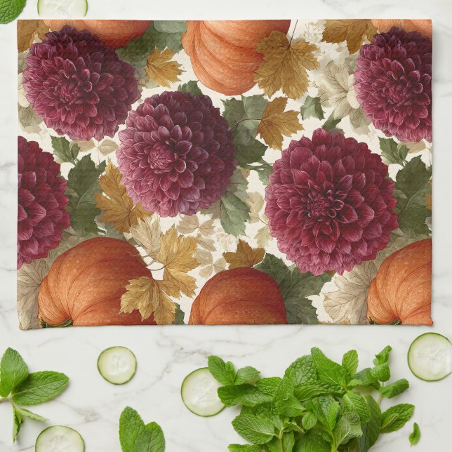 Pumpkins und burgundische Herbstblüten Geschirrtuch (Gefaltet)