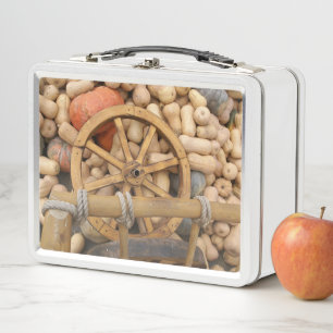 Pumpkins und Räder des ländlichen Holzkarren Metall Brotdose