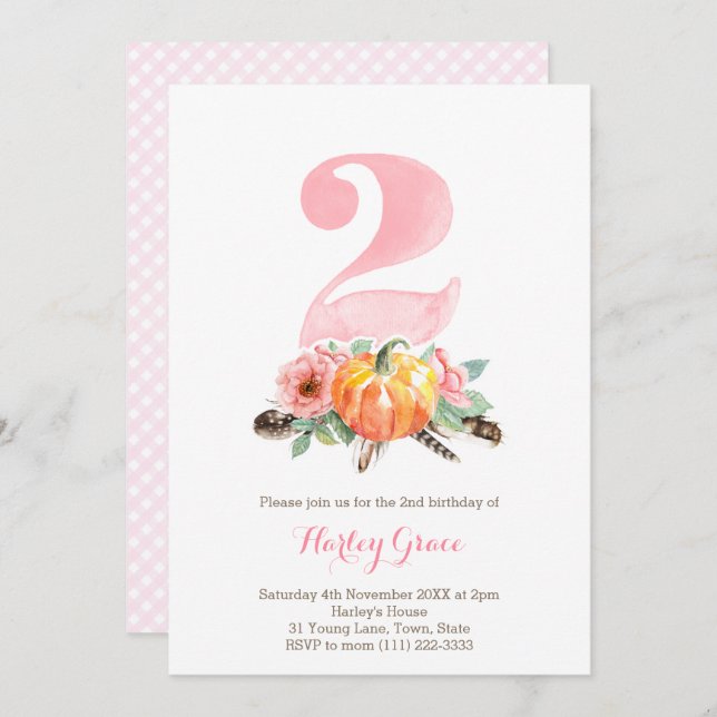 Pumpkins Vintage Rose Girl 2. Geburtstag Party Einladung (Vorne/Hinten)