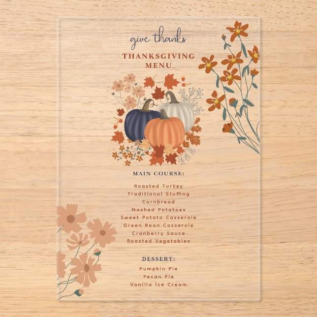 Pumpkins Wildblumen Erntedank Dinner Menu Acryleinladungen (Vorderseite)