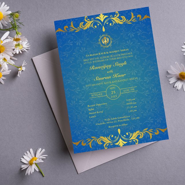Punjabi Sikh Wedding Anand Karaj Golden Einladung (Von Creator hochgeladen)