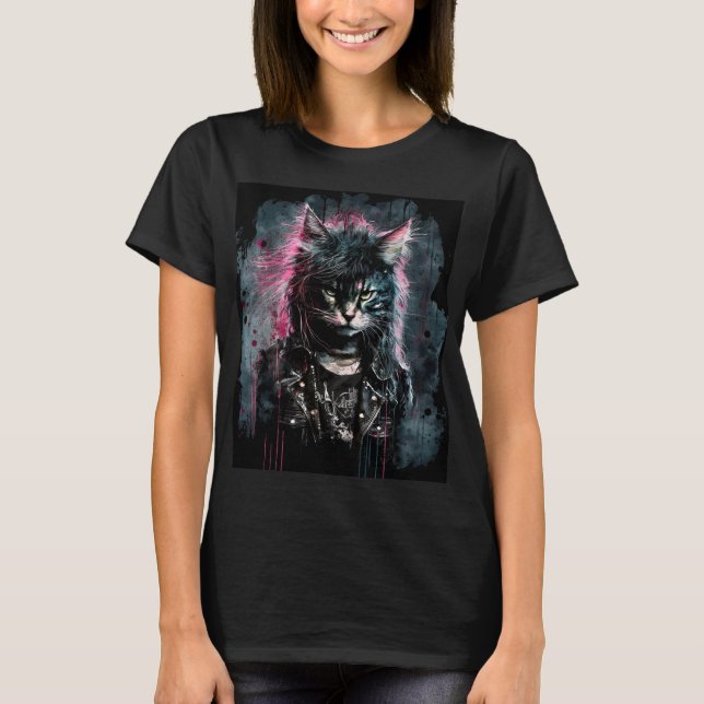 Punk Cat Pink Fur Ladys T T-Shirt (Vorderseite)
