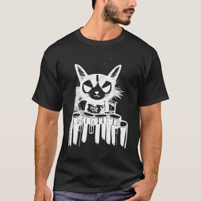 Punk Cat Playing Drums Art T-Shirt (Vorderseite)