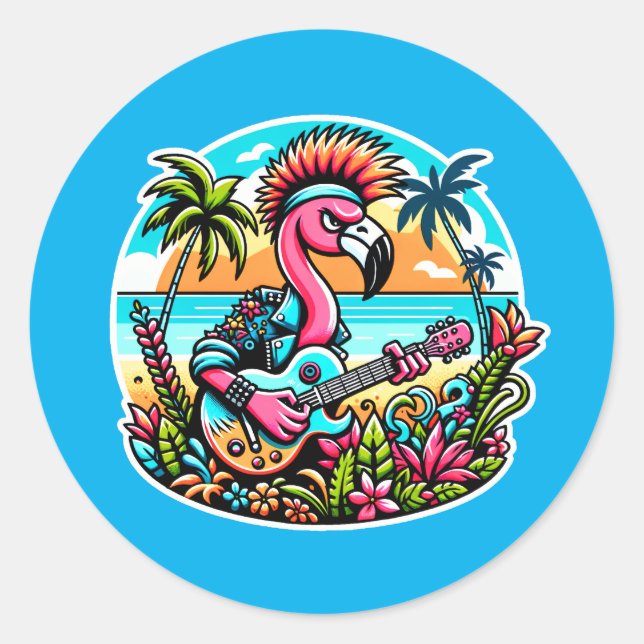 Punk Flamingo Rockstar - Tropical Paradise Guitar Runder Aufkleber (Vorderseite)
