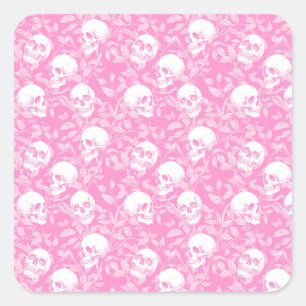 Punk Mädchen Gothic rosa Totenköpfe & Laub Hallowe Quadratischer Aufkleber