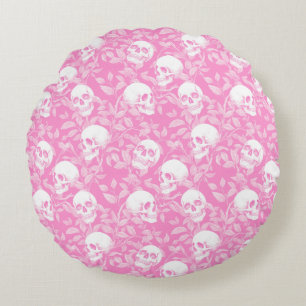 Punk Mädchen Gothic rosa Totenköpfe & Laub Hallowe Rundes Kissen