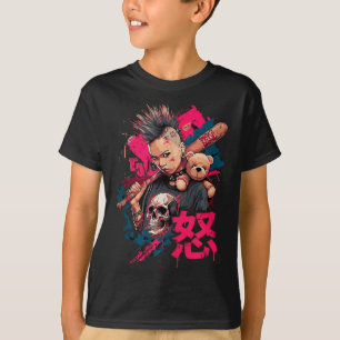 Punk Mädchen mit Ärger Kanji und Baseballschläger T-Shirt