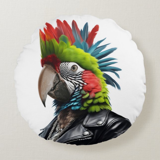 Punk Parrot Rundes Kissen (Vorderseite)