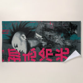 Punk Portrait with Kanji 孤志冷光 – Urban Street Art S Strandtuch