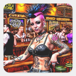 Punk Rock Bar Girl mit Mohawk und Tattoos Quadratischer Aufkleber