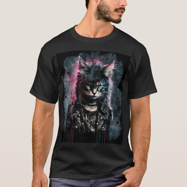 Punk Rock Cat mit rosa Haare und Lederjacken T-Shirt (Vorderseite)