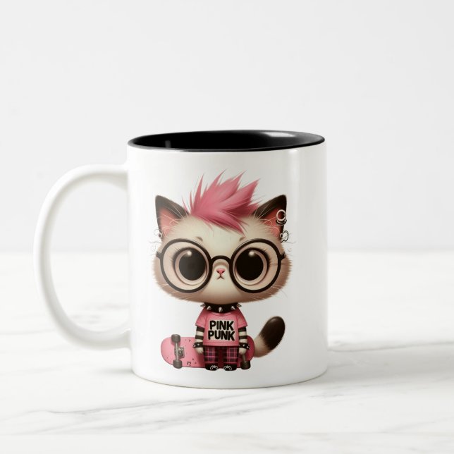 Punk Rock Cat mit Skateboard | Niedlich Rebel Kitt Zweifarbige Tasse (Links)