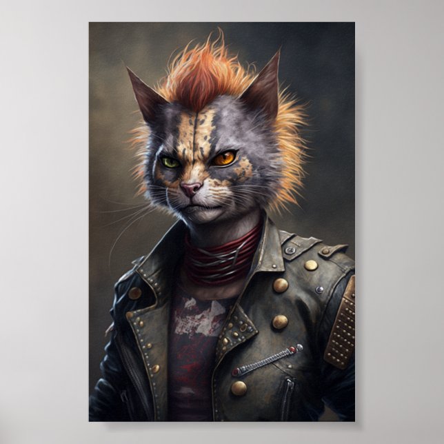 Punk Rock Cat Portrait, Animal Cat Ilustration Poster (Vorne)