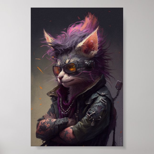 Punk Rock Cat Portrait, Cat Ilustration, Funny Cat Poster (Vorne)
