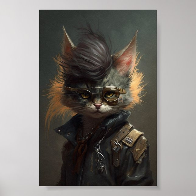 Punk Rock Cat Portrait, Funny Cat, Pet Portrait Poster (Vorne)