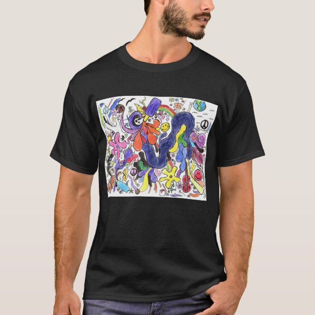 Punk Rock Doodle #15 in Farbe auf Schwarz T-Shirt (Vorderseite)