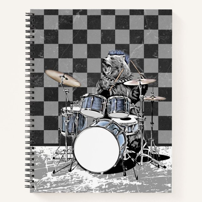 Punk Rock Drummer Bear Drum Kit Musiker Drumming Notizbuch (Vorderseite)