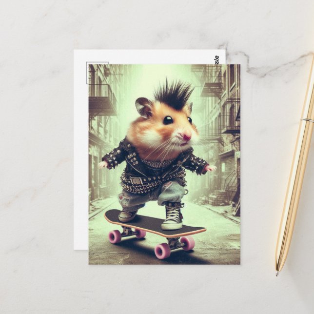 Punk Rock Skateboarding Hamster in Leder Jacket Postkarte (Vorderseite/Rückseite Beispiel)