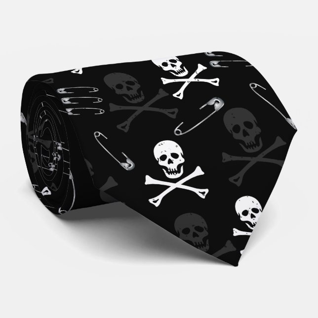 Punk Rock Skulls und Safety Buttons Muster Krawatte (Gerollt)