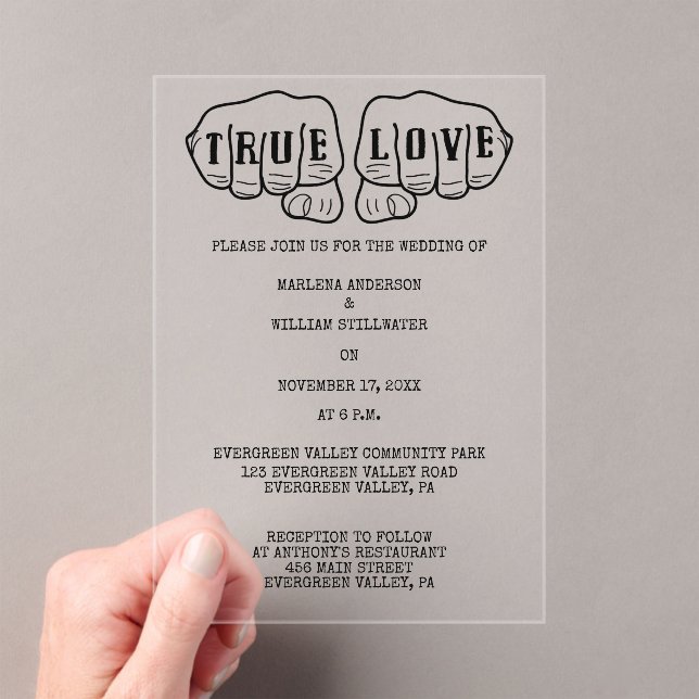 Punk Rock Tattoo Hands Minimalistische Hochzeit Acryleinladungen (Insitu (Handheld))