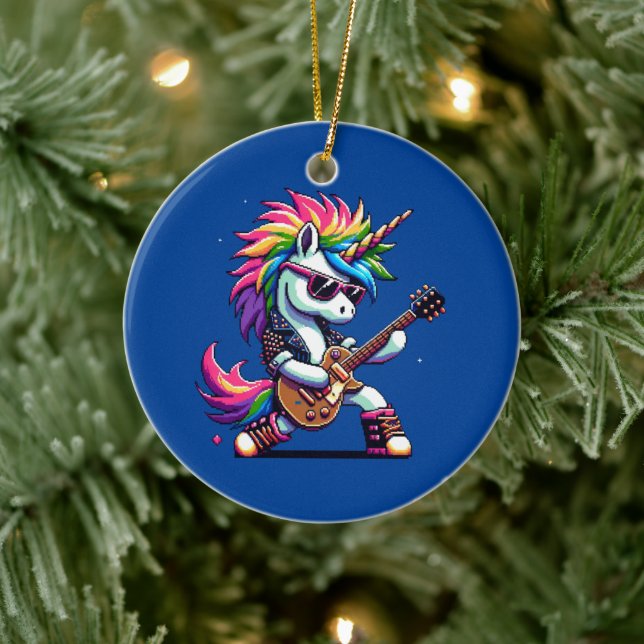 Punk Rock Unicorn Farbiges Pixel Art Guitar Design Keramik Ornament (Baum)
