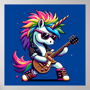 Punk Rock Unicorn Farbiges Pixel Art Guitar Design Poster