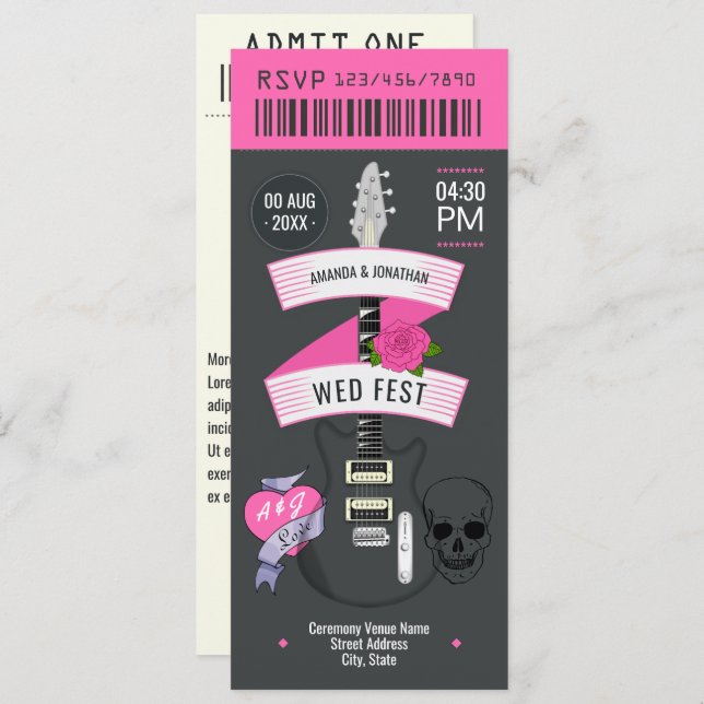 Punk Romance Rock ’n’ Roll Wedding Ticket Einladung (Vorne/Hinten)