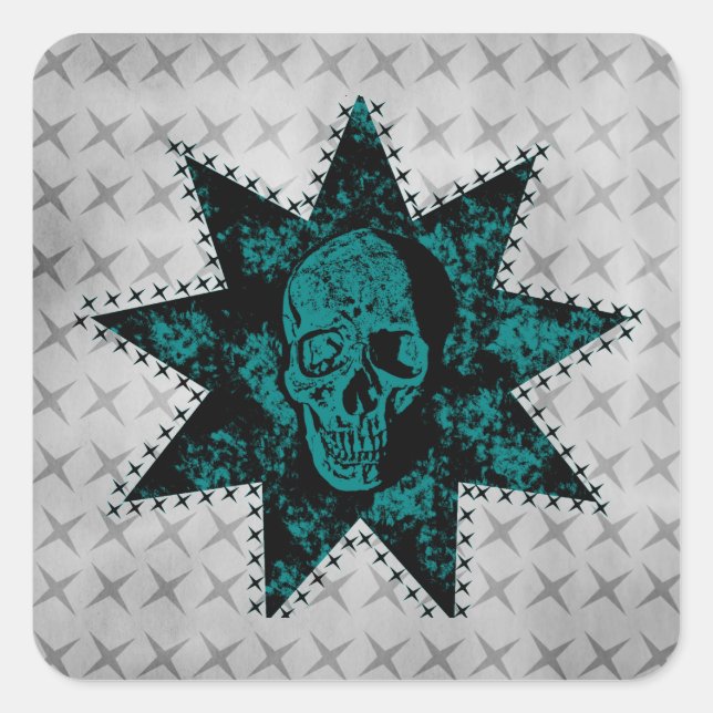 Punk Skull Square Sticker, Schwarz und Aquamarin Quadratischer Aufkleber (Vorderseite)