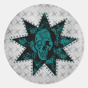 Punk Skull Stickers, Schwarz und Aquamarin Runder Aufkleber