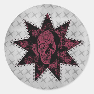 Punk Skull Stickers, Schwarz und Dunkelrosa Runder Aufkleber