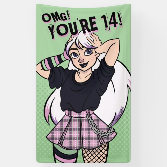 Punk Teen Girl Green Cartoon 16. Geburtstag Banner (Vertikal)