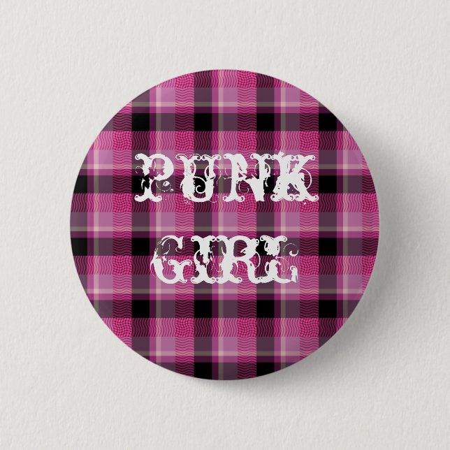Punkmädchen-Schwarz-Rosa-karierter Knopf Button (Vorderseite)