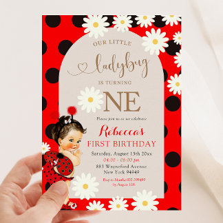 Punkt Ladybug Daisy Brown Hair Erster Geburtstag Einladung