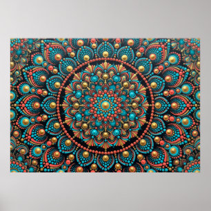 Punkt-Mandala Türkis-Korallen-Gold-Kunstposter Poster