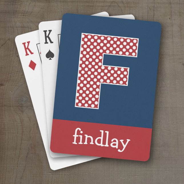 Punkte für Marine und Red Polka mit Monogramm Lett Spielkarten (Personalized Playing Cards - Large Monogram)