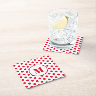 Punktierte Monogramm-Initiale Rote Punkte auf Weiß Rechteckiger Pappuntersetzer