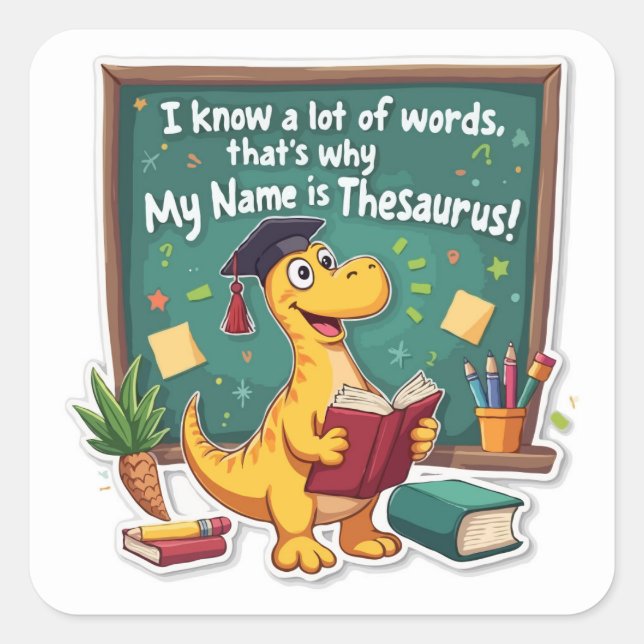 Punny Dinosaur Thesaurus 'Word Wizard' Quadratischer Aufkleber (Vorderseite)