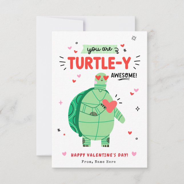 Punny Turtle Valentine's Day Kids Classroom Card Einladung (Vorderseite)