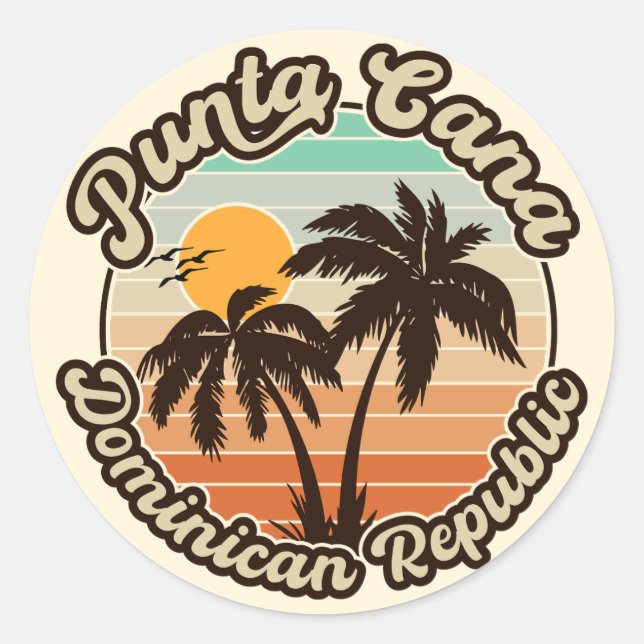 Punta Cana Dominican Palm Tree Retro Sunset 80er Runder Aufkleber (Vorderseite)