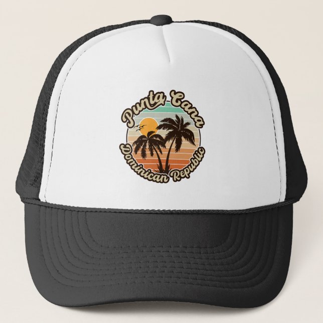 Punta Cana Dominican Palm Tree Retro Sunset 80er Truckerkappe (Vorderseite)