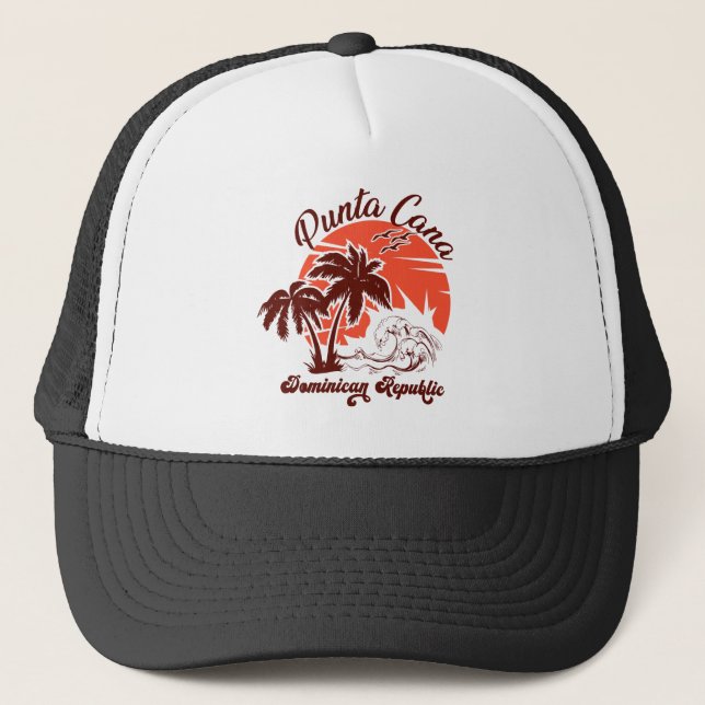 Punta Cana Dominican Retro Sunset Souvenir 80er Truckerkappe (Vorderseite)