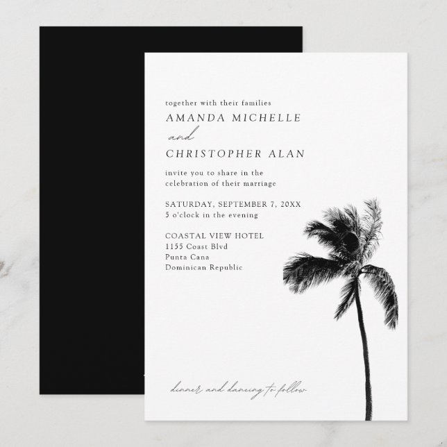 Punta Cana Wedding Black & White Simple Palm Tree Einladung (Vorne/Hinten)