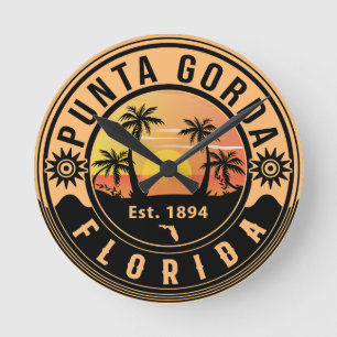 Punta Gorda Florida Retro-Sonnenuntergang-Souvenir Runde Wanduhr