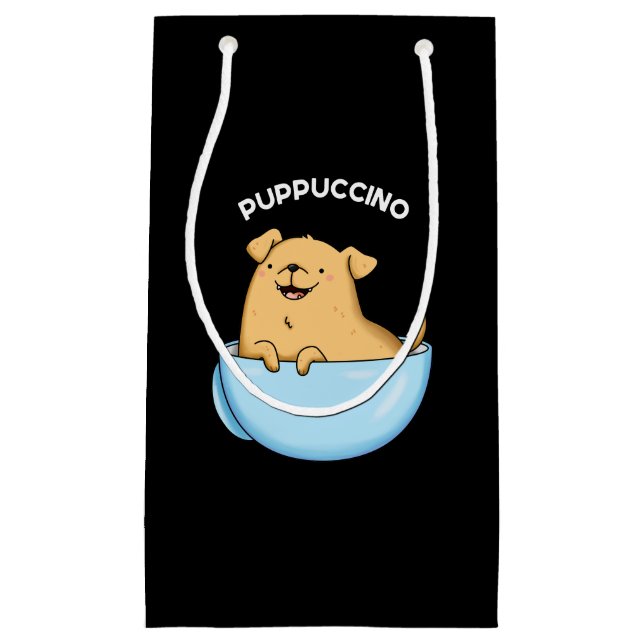 Pup puccino Funny Cappuccino Pun Dark BG Kleine Geschenktüte (Vorderseite)