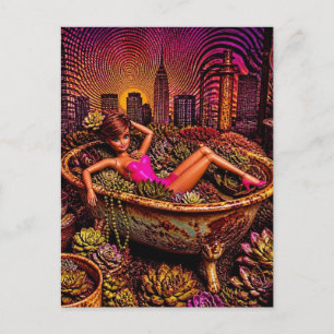 Puppe in einer Badewanne voller Pflanzen Spaßige G Postkarte