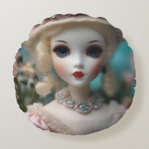 Puppe mit blauen Augen im Vintage-Look, Rundes Kissen