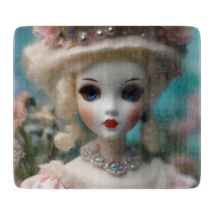 Puppe mit blauen Augen im Vintage-Stil, Schneidebrett