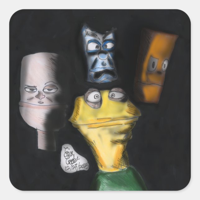 Puppets in the dark ( Erica Crooks puppet art ) Quadratischer Aufkleber (Vorderseite)